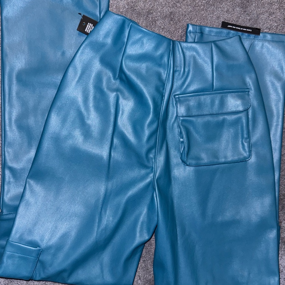 AFRM Teal Faux Leather Straight-Leg Pants - Picture 4 of 4